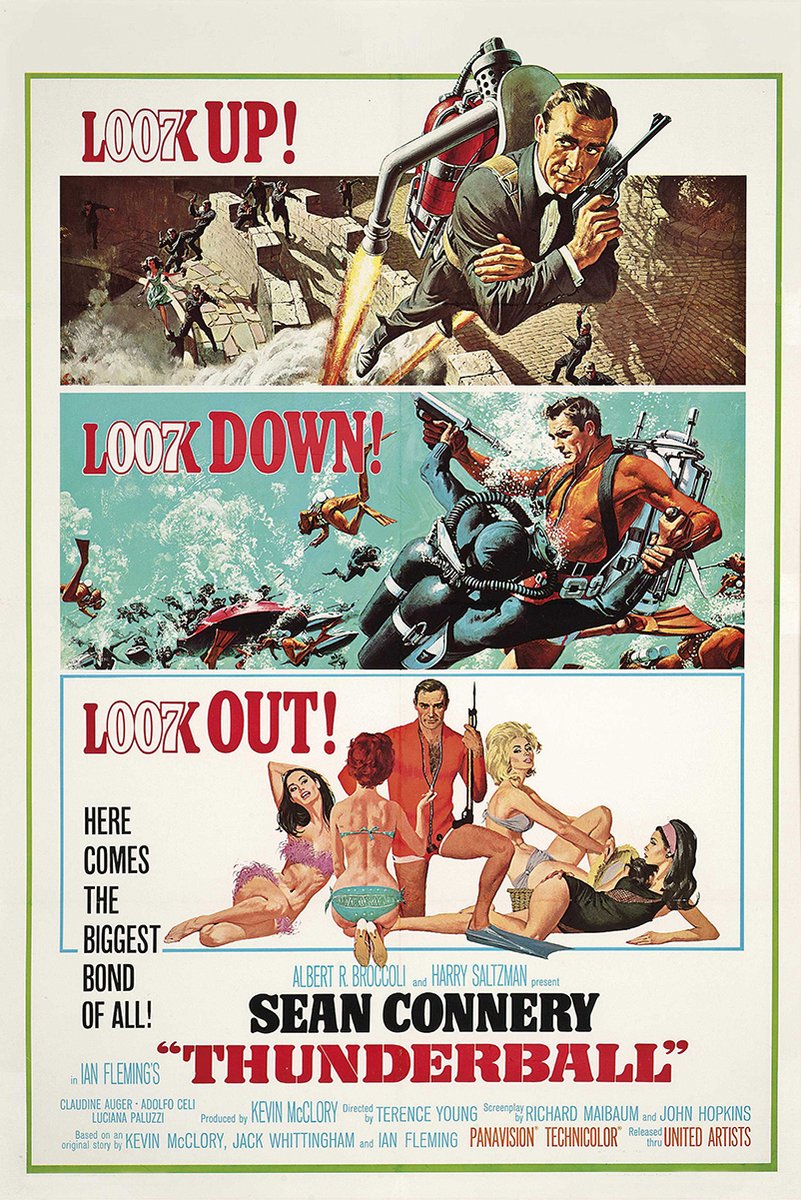 Thunderball movie poster wall art print with Sean Connery using a jetpack, underwater divers, and women in vintage panels.