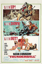 Thunderball movie poster wall art print with Sean Connery using a jetpack, underwater divers, and women in vintage panels.