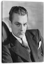 James Cagney canvas wall art print presents a monochrome portrait of the suited actor seated against a softly blurred backdrop.