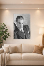 James Cagney in a bright living room above a beige sofa.