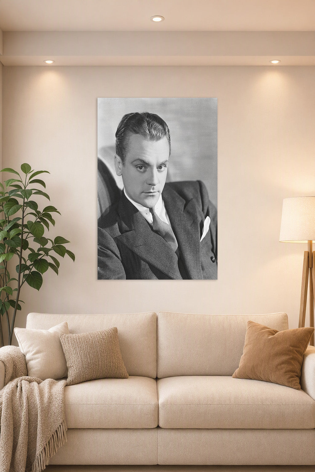 James Cagney in a bright living room above a beige sofa.