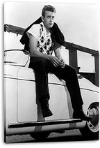 James Dean canvas wall art print displays a black-and-white scene of the actor sitting on a white vintage car in a patterned shirt.