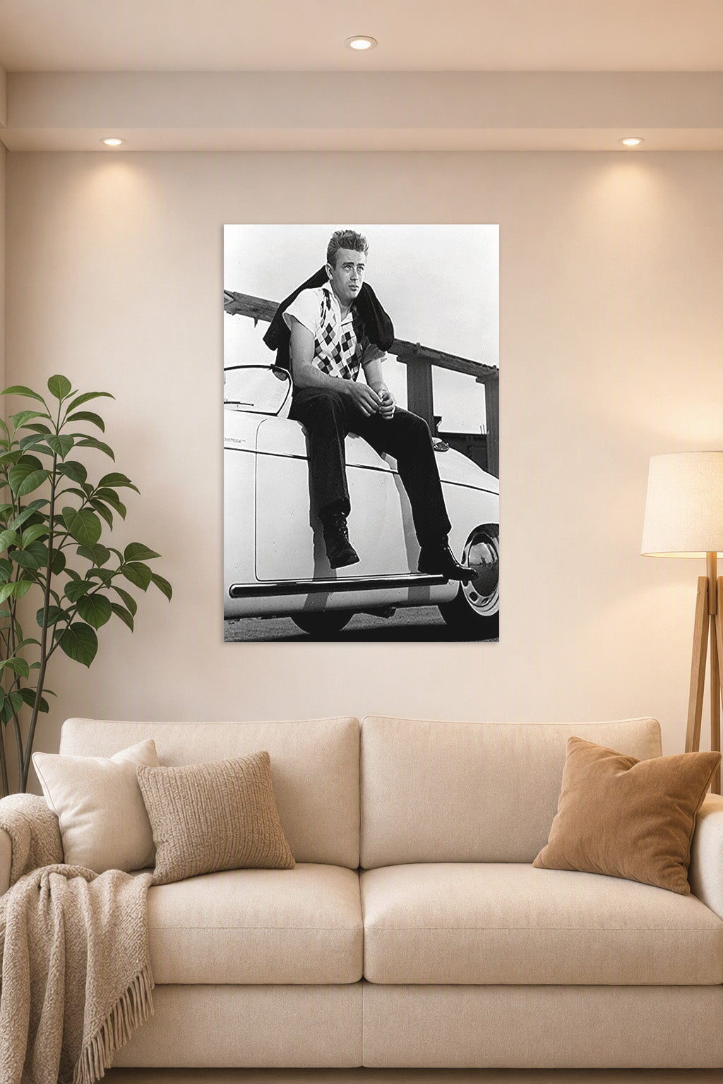 James Dean in a bright living room above a beige sofa.