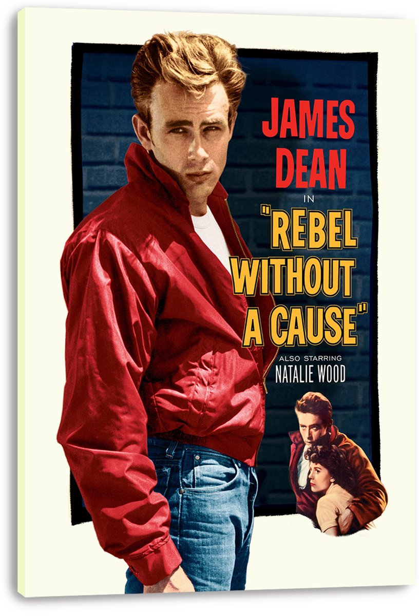James Dean Rebel Without a Cause canvas wall art print featuring Dean in red against a blue brick backdrop and film title.