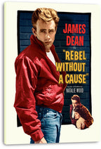 James Dean Rebel Without a Cause canvas wall art print featuring Dean in red against a blue brick backdrop and film title.