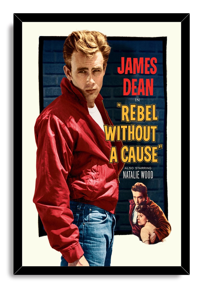 James Dean Rebel Without a Cause framed wall art print with a black border, red-jacket portrait, and yellow title lettering.