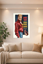 James Dean Rebel Without a Cause in a bright living room above a beige sofa.