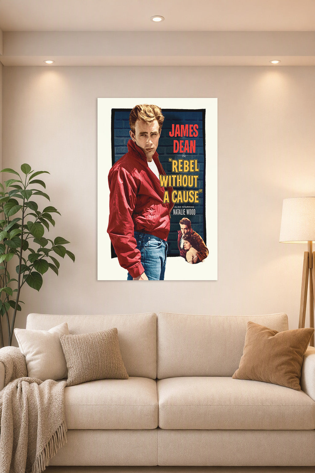 James Dean Rebel Without a Cause in a bright living room above a beige sofa.