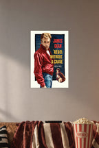 James Dean Rebel Without a Cause in a cozy movie room above a brown sofa with popcorn.