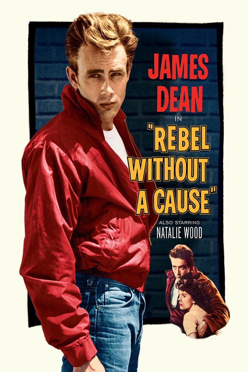 James Dean Rebel Without a Cause poster with Dean in a red jacket, bold yellow title text, and Natalie Wood below.