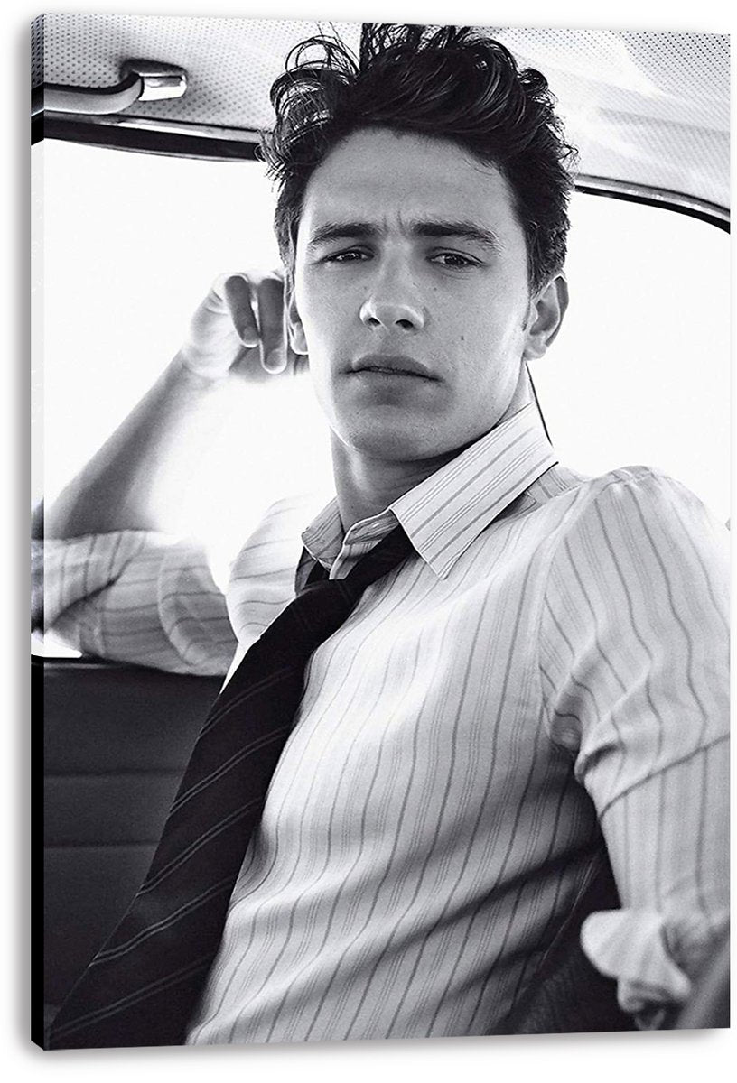 James Franco canvas wall art print with a black-and-white car portrait, visible wrapped canvas edges and a striped shirt.