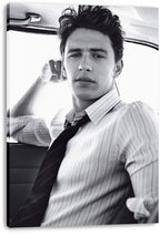 James Franco canvas wall art print with a black-and-white car portrait, visible wrapped canvas edges and a striped shirt.