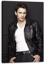 James Franco canvas wall art print presents the actor in a black leather jacket, white V-neck shirt, and dark trousers.