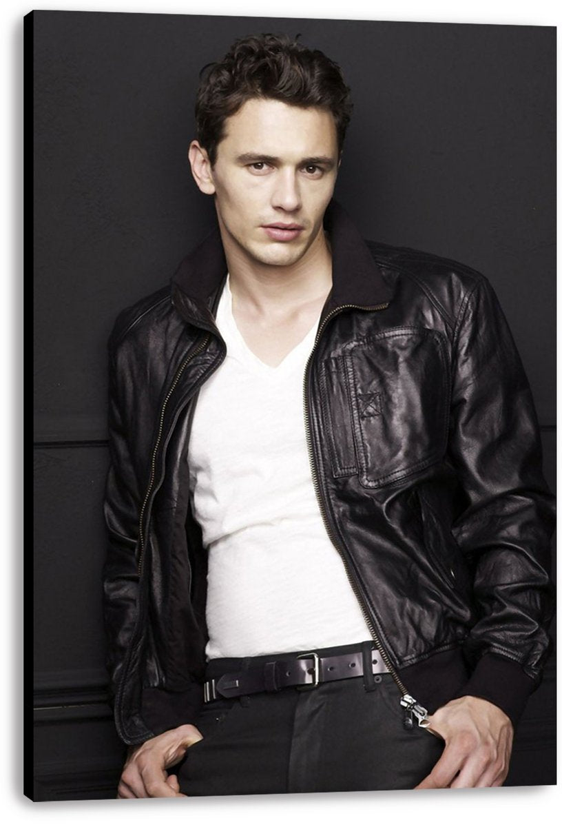 James Franco canvas wall art print presents the actor in a black leather jacket, white V-neck shirt, and dark trousers.