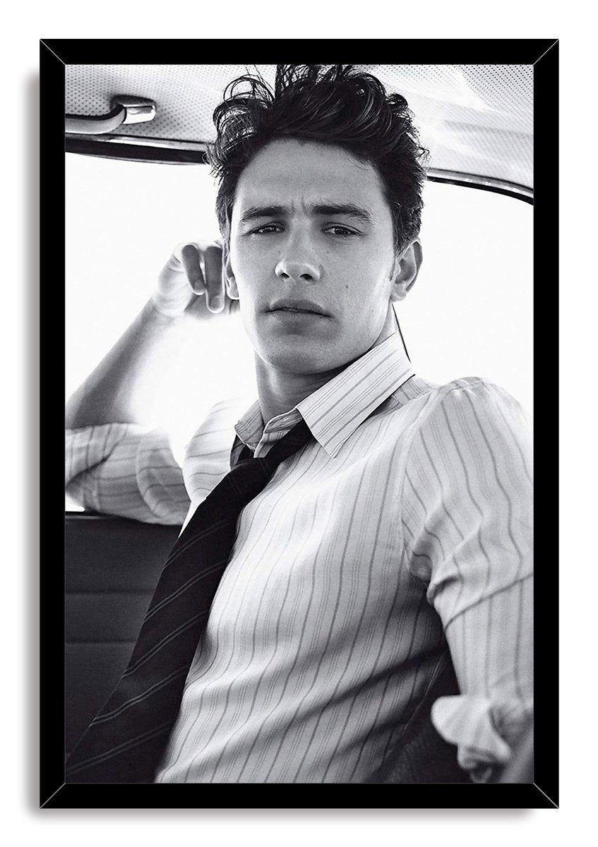 James Franco framed wall art print, a monochrome car portrait with tousled hair, striped shirt, dark tie, and black frame.