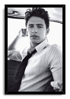 James Franco framed wall art print, a monochrome car portrait with tousled hair, striped shirt, dark tie, and black frame.