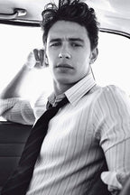 James Franco wall art print in black and white, seated in a car wearing a striped shirt and loosened dark tie.