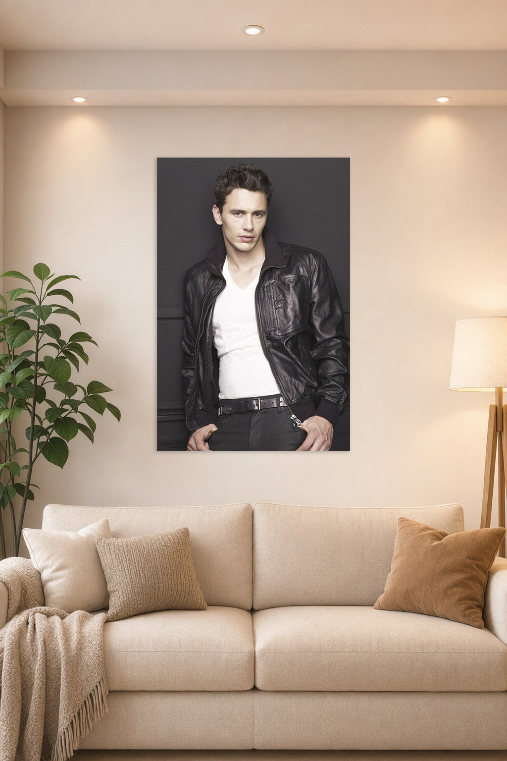 James Franco in a bright living room above a beige sofa.