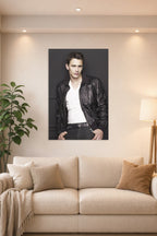 James Franco in a bright living room above a beige sofa.