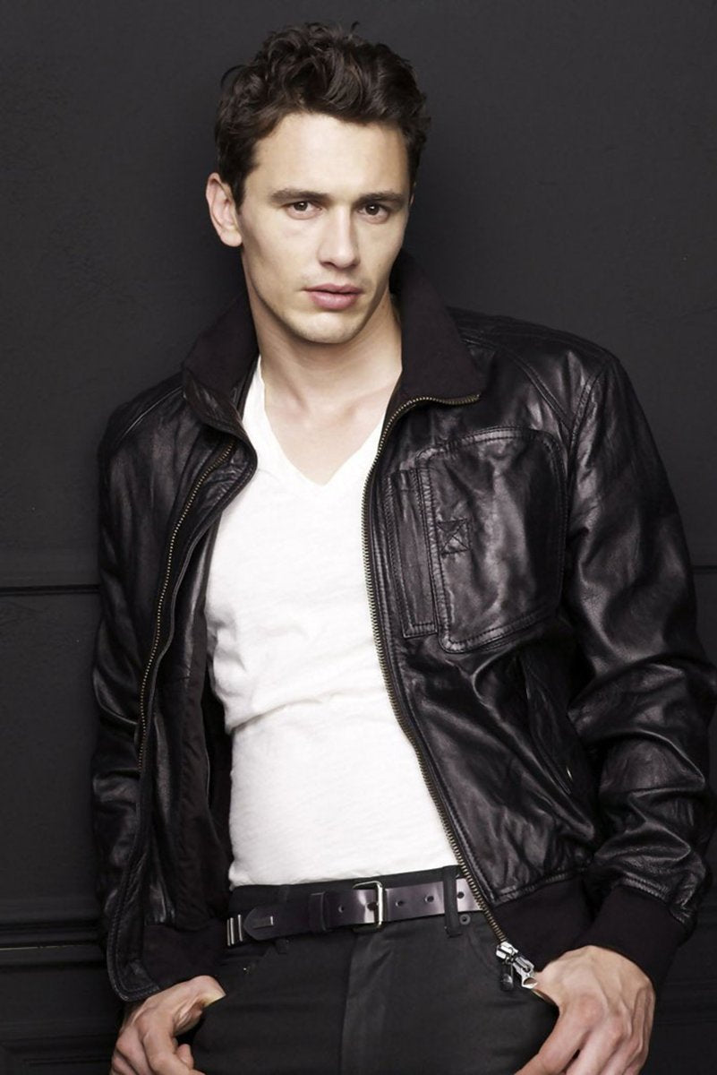 James Franco poster features a portrait of the actor in a black leather jacket and white shirt against a dark gray wall.