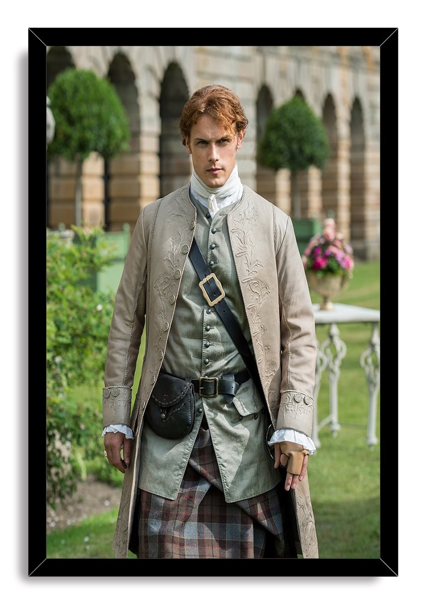 Jamie Fraser framed wall art print presents a red-haired man in tartan and embroidered coat against a garden and arched building.