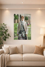 Jamie Fraser Outlander in a bright living room above a beige sofa.