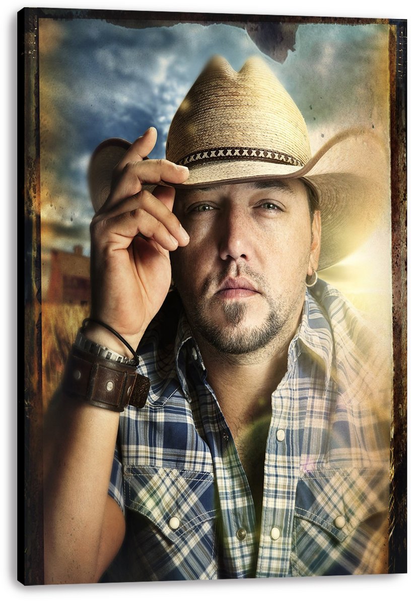 Jason Aldean canvas wall art print featuring a close portrait in a cowboy hat, plaid shirt, and warm rustic tones.