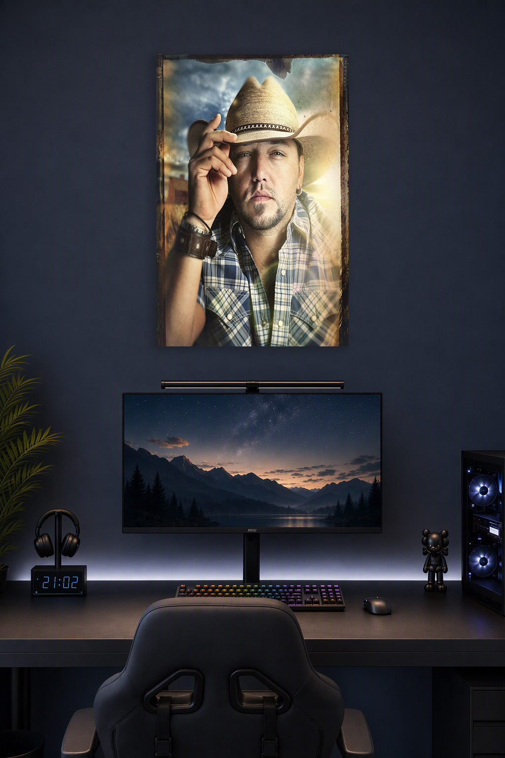 Jason Aldean in a gaming desk setup above a monitor.