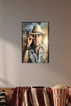 Jason Aldean in a cozy movie room above a brown sofa with popcorn.