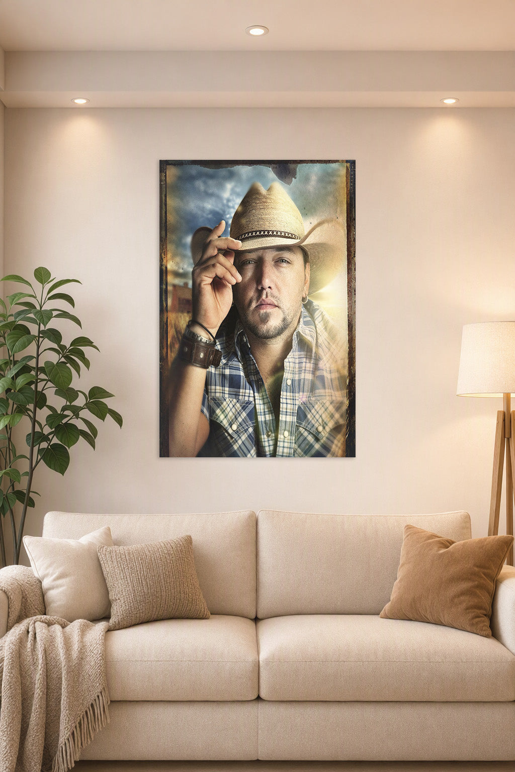 Jason Aldean in a bright living room above a beige sofa.
