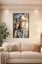 Jason Aldean in a bright living room above a beige sofa.