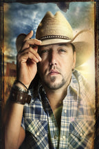 Jason Aldean poster portrait with a straw cowboy hat and blue plaid shirt, touching the brim against a dramatic sky.