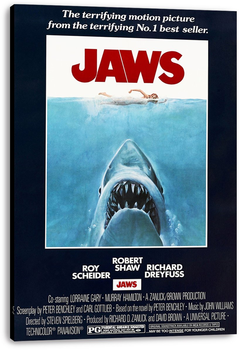 Jaws movie poster canvas wall art featuring a swimmer over an open-mouthed shark, red title lettering, and dark navy border.