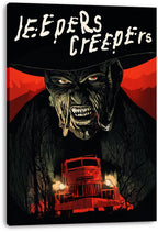 Jeepers Creepers canvas wall art print displays a snarling red-eyed monster, red truck headlights, and cream title lettering on black.