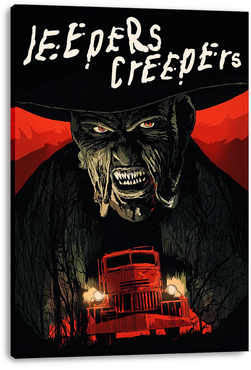 Jeepers Creepers canvas wall art print displays a snarling red-eyed monster, red truck headlights, and cream title lettering on black.