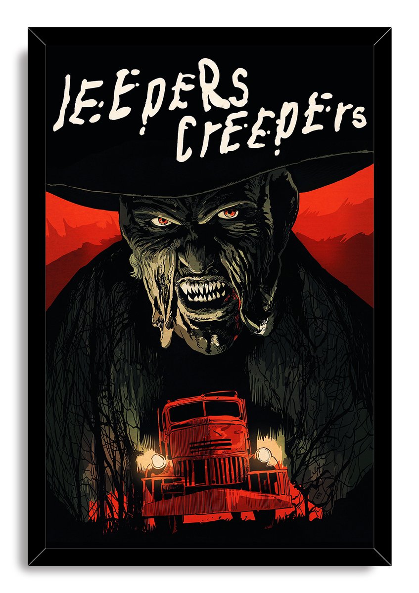 Jeepers Creepers framed wall art print features a sharp-toothed monster looming over a red truck against a dark red mountain backdrop.