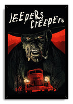 Jeepers Creepers framed wall art print features a sharp-toothed monster looming over a red truck against a dark red mountain backdrop.