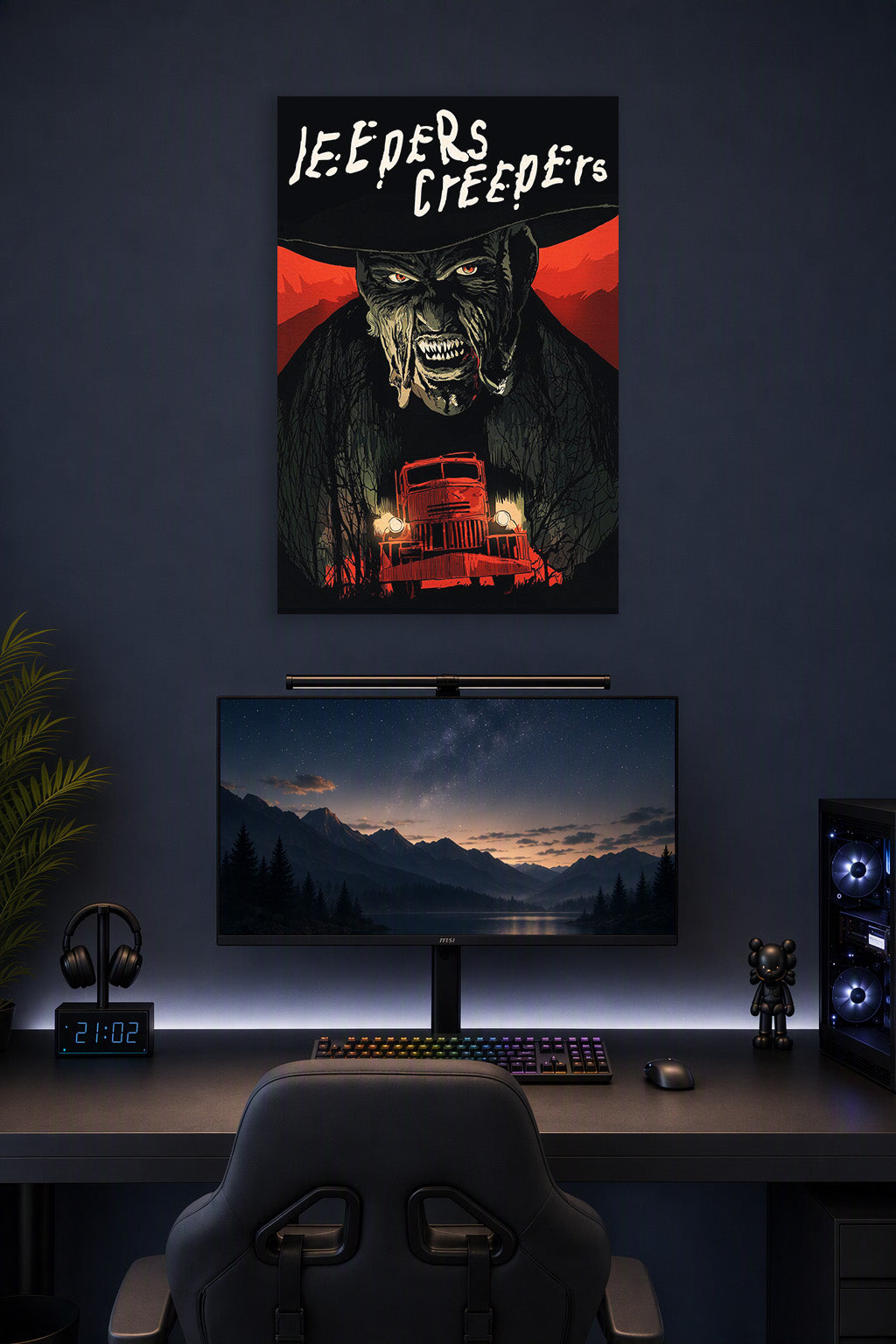 Jeepers Creepers Monster in a gaming desk setup above a monitor.