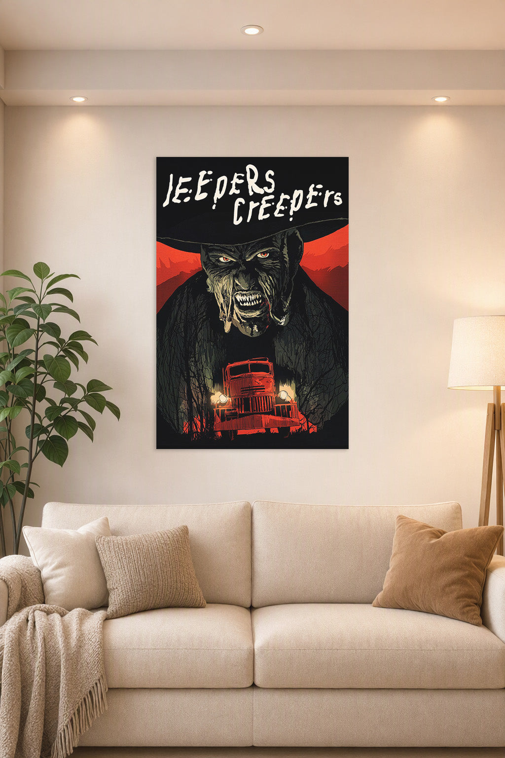 Jeepers Creepers Monster in a bright living room above a beige sofa.