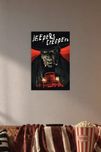 Jeepers Creepers Monster in a cozy movie room above a brown sofa with popcorn.