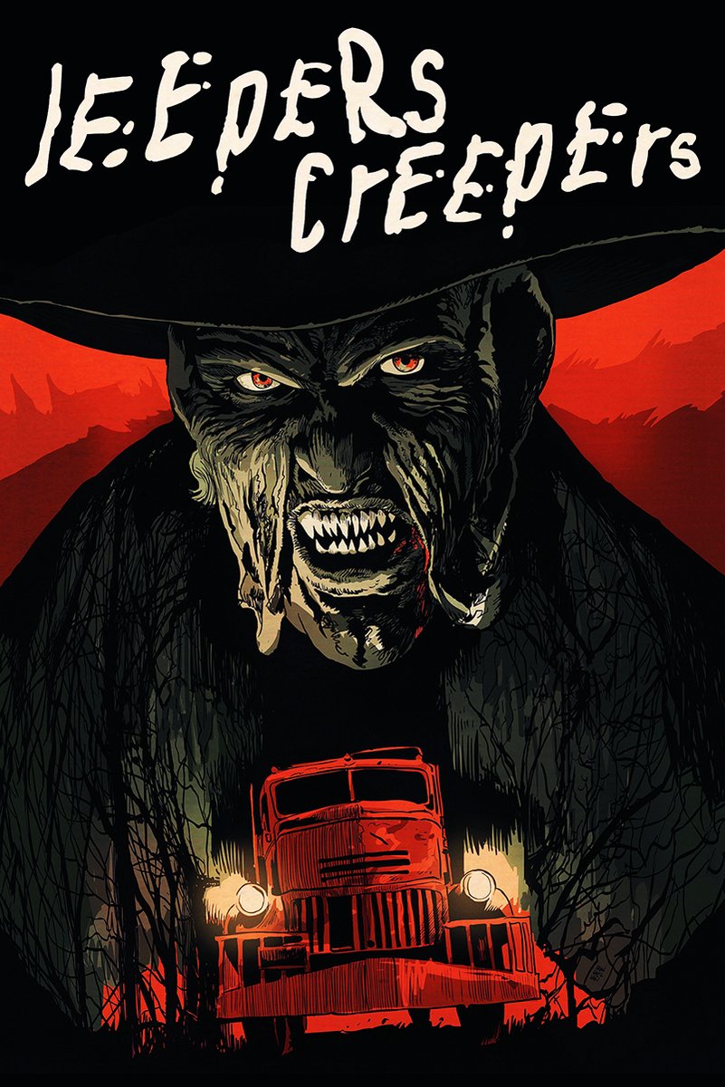 Jeepers Creepers poster depicts a fanged, red-eyed monster in a wide-brimmed hat above a glowing red truck and scarlet hills.