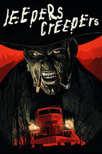Jeepers Creepers poster depicts a fanged, red-eyed monster in a wide-brimmed hat above a glowing red truck and scarlet hills.