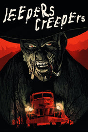 Jeepers Creepers poster depicts a fanged, red-eyed monster in a wide-brimmed hat above a glowing red truck and scarlet hills.