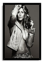 Jennifer Aniston framed wall art print with a black border, portraying her in a leather jacket against a gray backdrop.
