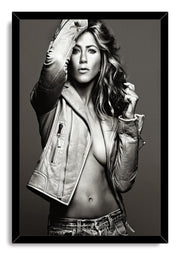 Jennifer Aniston framed wall art print with a black border, portraying her in a leather jacket against a gray backdrop.