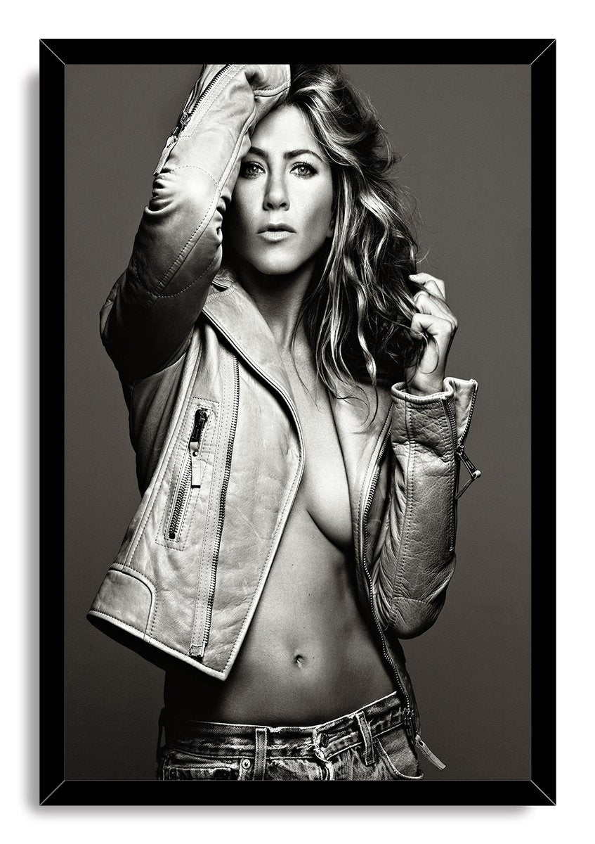Jennifer Aniston framed wall art print with a black border, portraying her in a leather jacket against a gray backdrop.