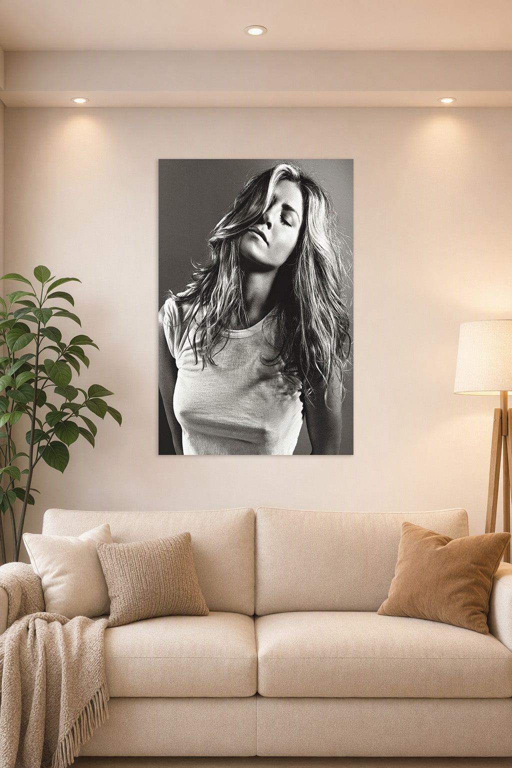 Jennifer Aniston in a bright living room above a beige sofa.