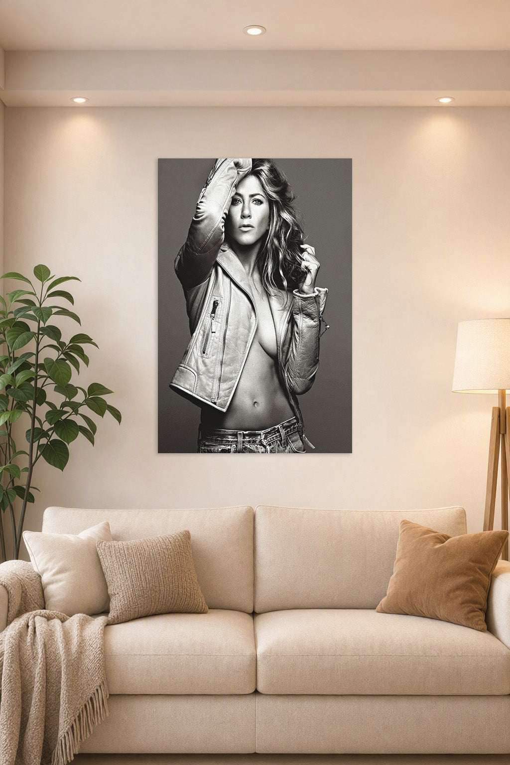 Jennifer Aniston in a bright living room above a beige sofa.