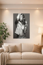 Jennifer Aniston in a bright living room above a beige sofa.
