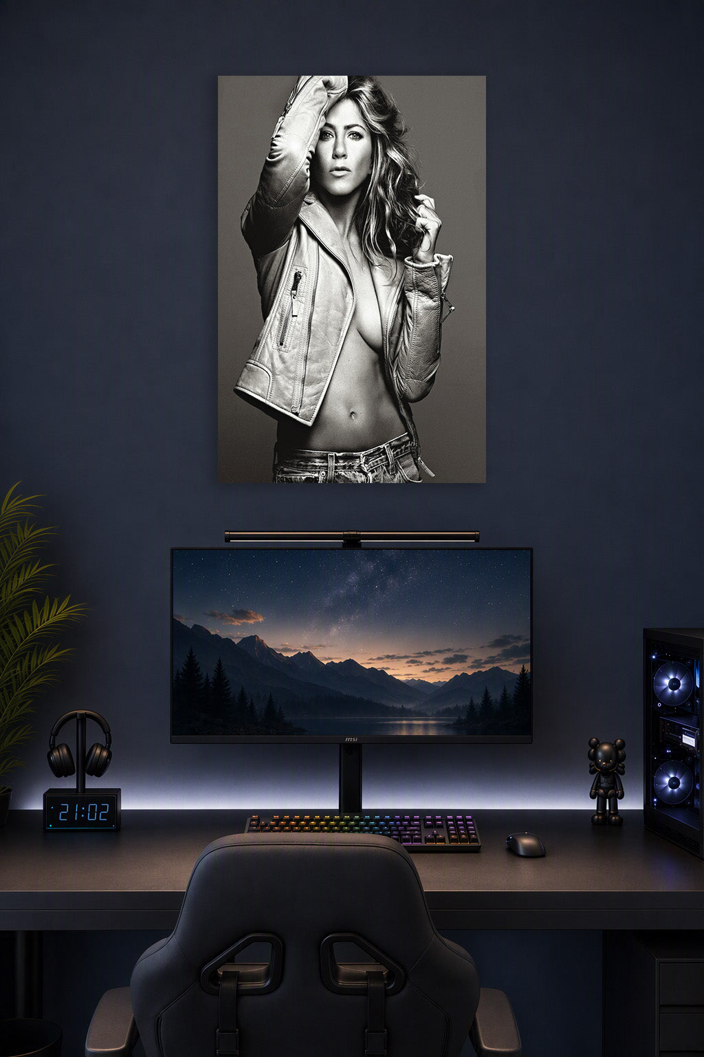 Jennifer Aniston in a gaming desk setup above a monitor.